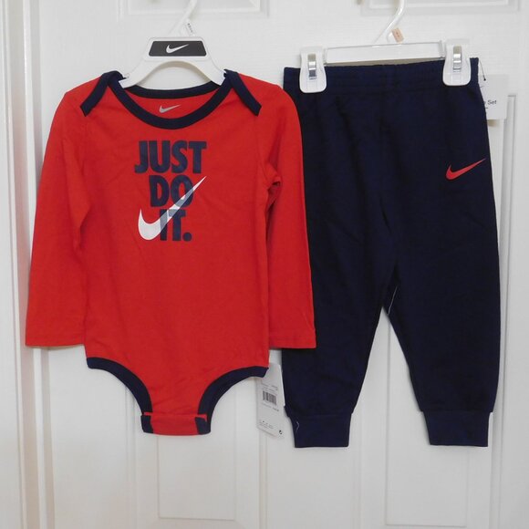 NWT 2pc Nike Red Navy Logo Bodysuit & Joggers Set sz 24 Months - Picture 1 of 1